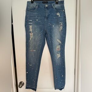 Ashley Stewart Distressed, Beaded and Rhinestone Denim Pants - Size 14